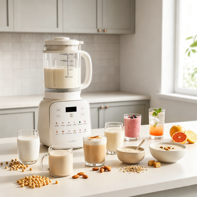 Livatro 1500 ml nut milk maker displayed with prepared drinks and soup