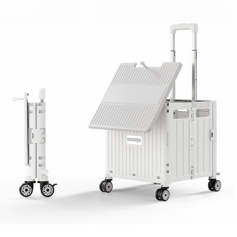 Viviendo 65L Foldable Shopping Trolley Cart - White / Swivel Wheels + Sliding Lid