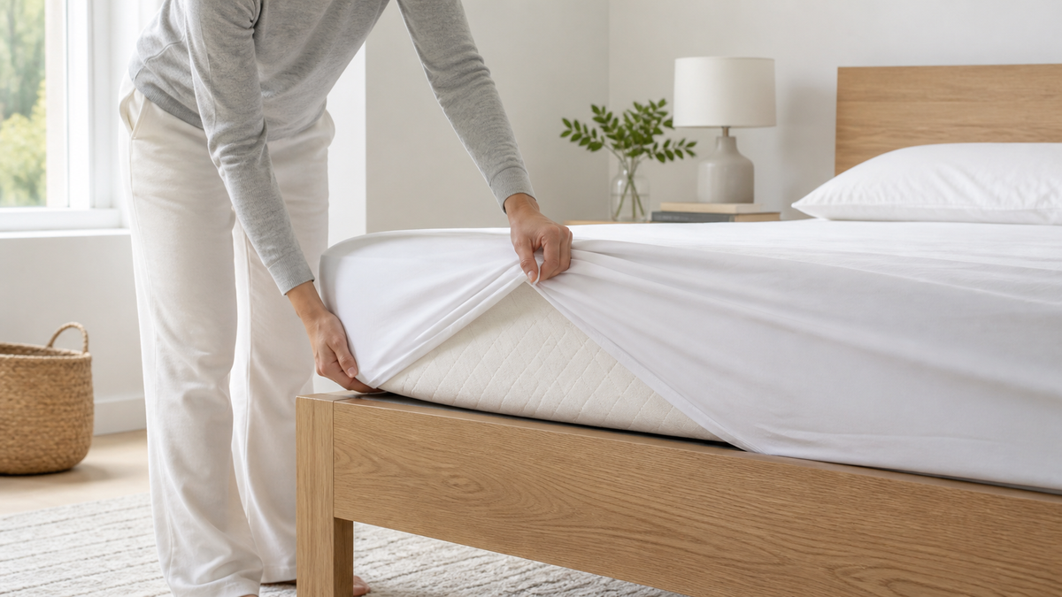 Hands securing a white fitted sheet around a mattress corner in a bright bedroom
