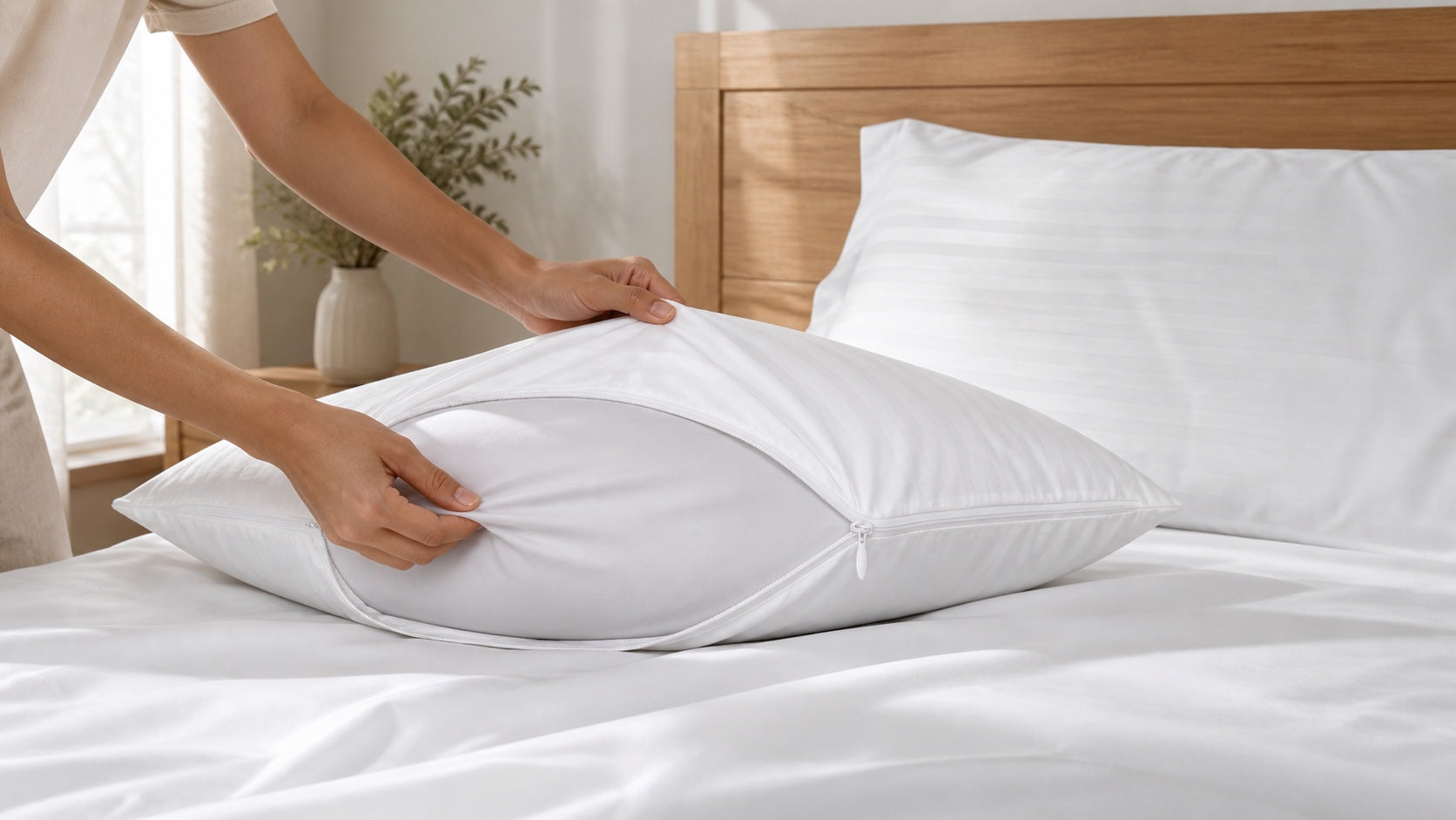 Hands placing a pillow insert inside a white zippered pillow protector in a bright bedroom