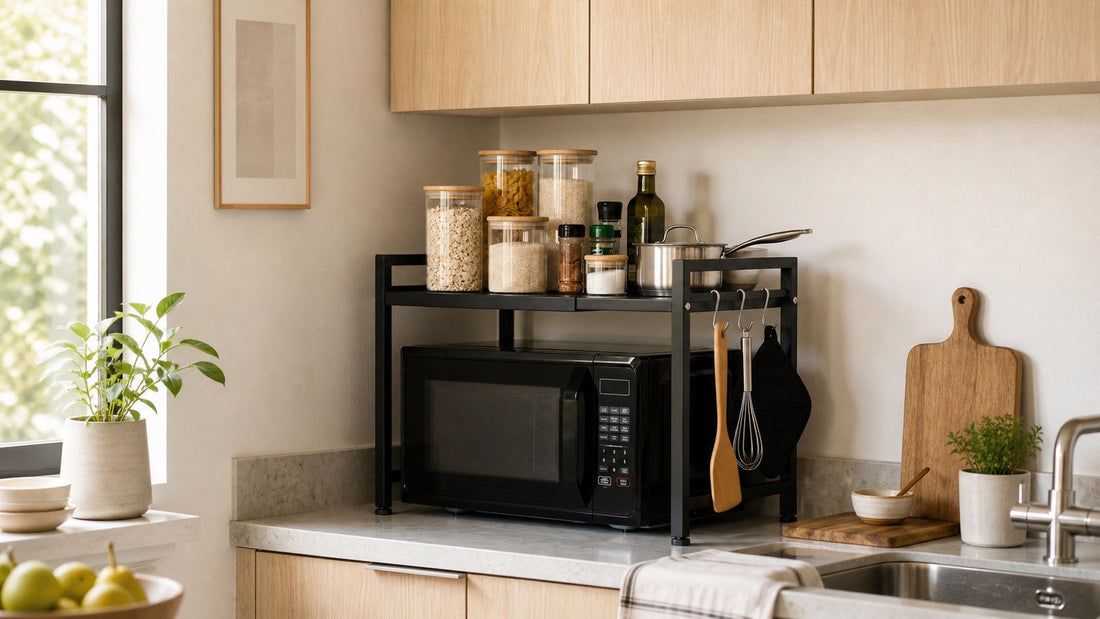 Adivo microwave rack in an organized compact kitchen