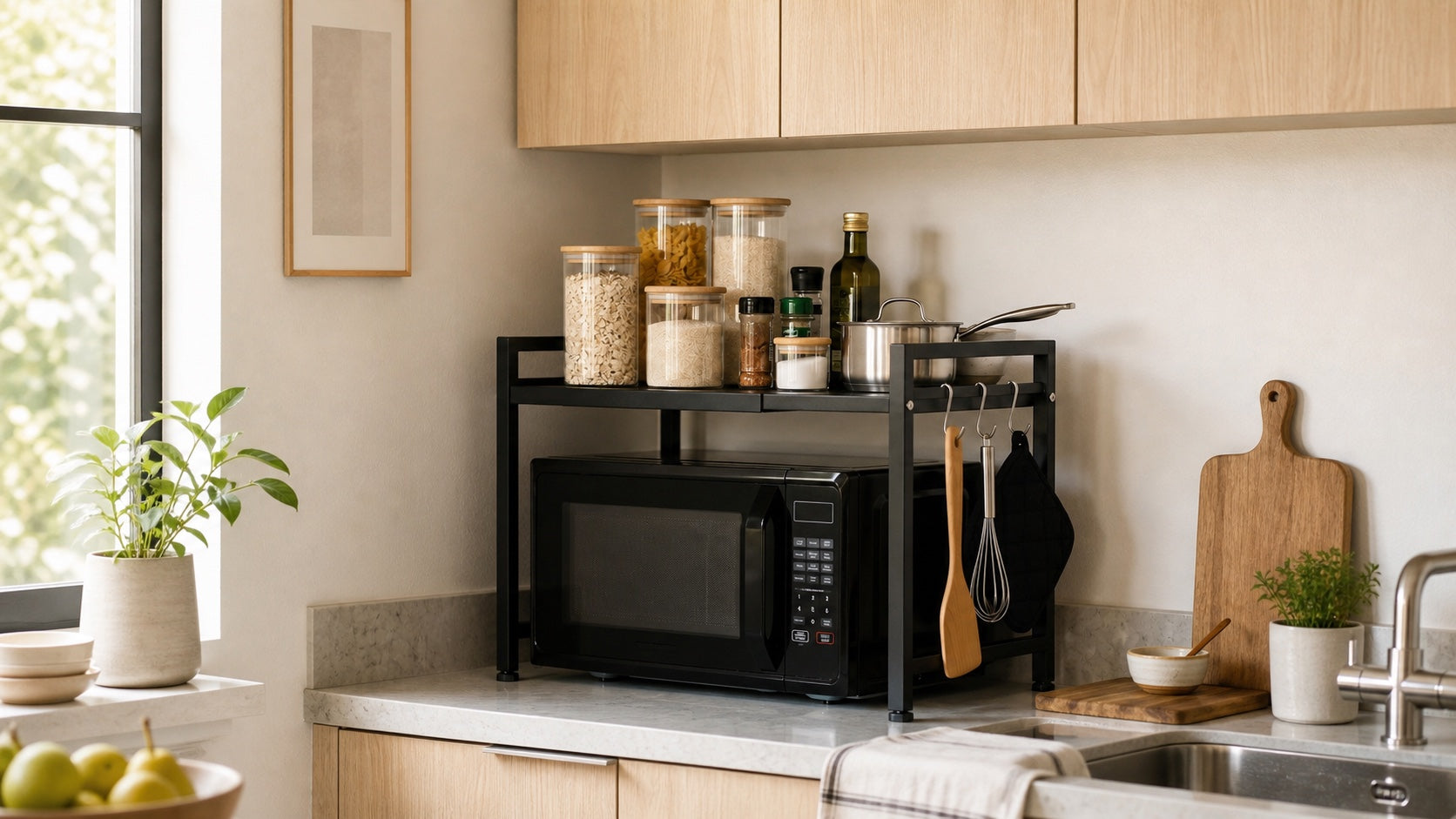 Adivo microwave rack in an organized compact kitchen