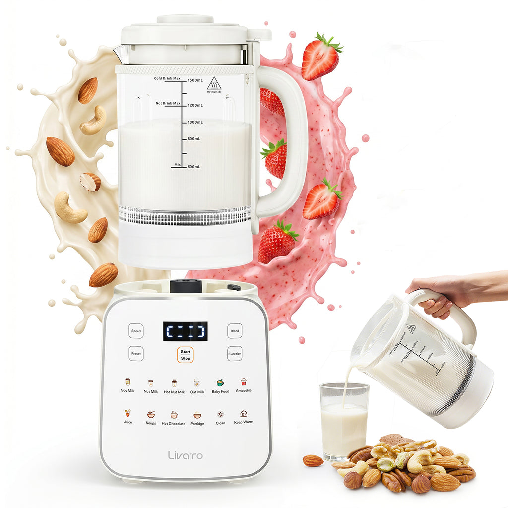 Livatro 1500 ml beige nut milk maker with ingredients and drink