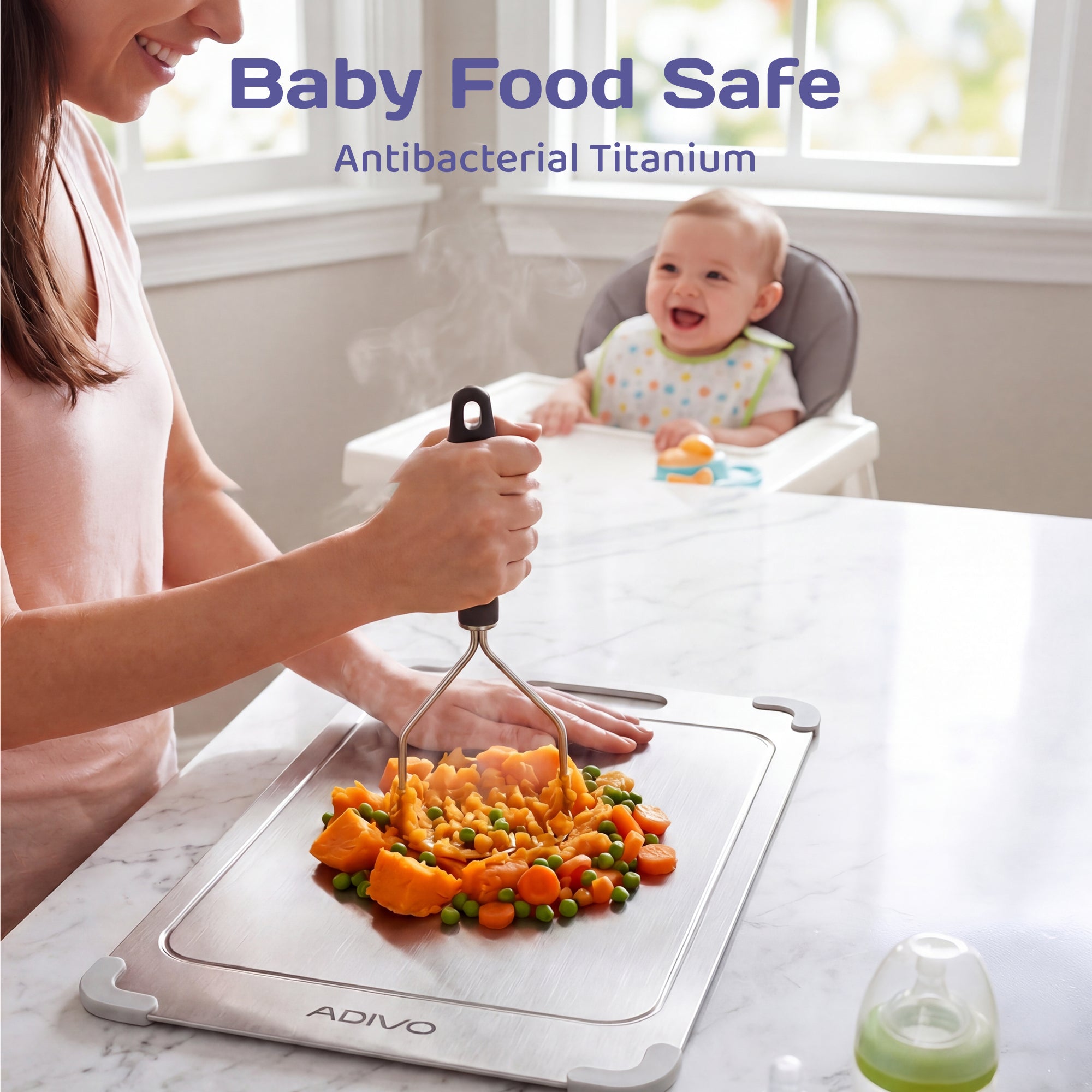 Adivo titanium cutting board baby food prep scene