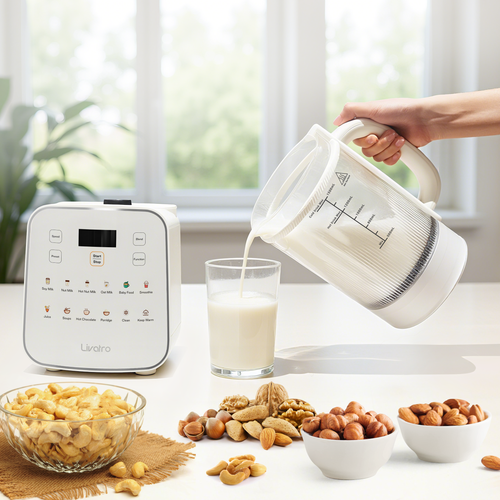Livatro 1500 ml beige nut milk maker with detachable jar pouring nut milk