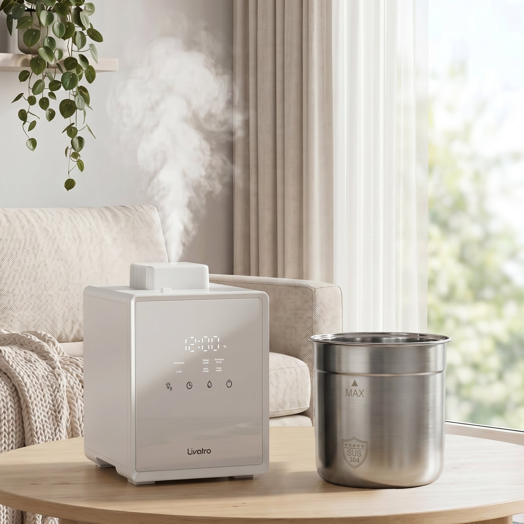 Livatro 3001 steam humidifier in a bright living room setting