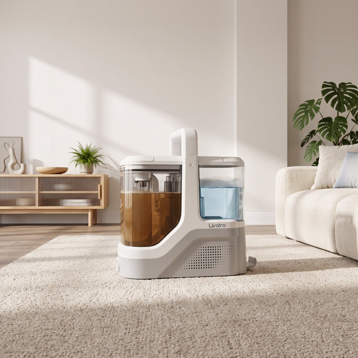 Livatro carpet and upholstery cleaner with separate clean-water and dirty-water tanks in a living room