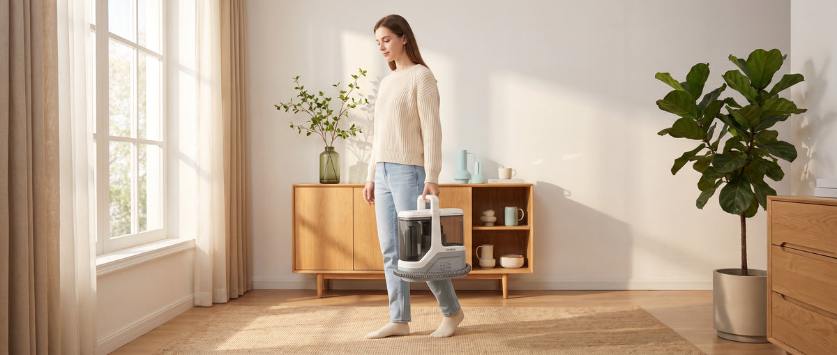 Person carrying the Livatro portable carpet and upholstery cleaner by its handle