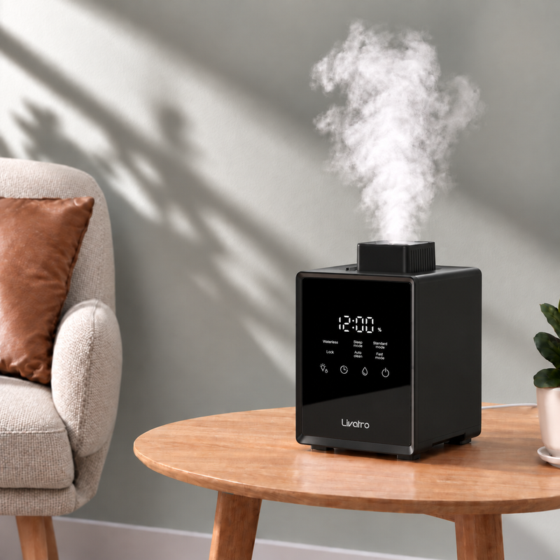 Black Livatro 3L warm mist humidifier on a wooden table in a living room