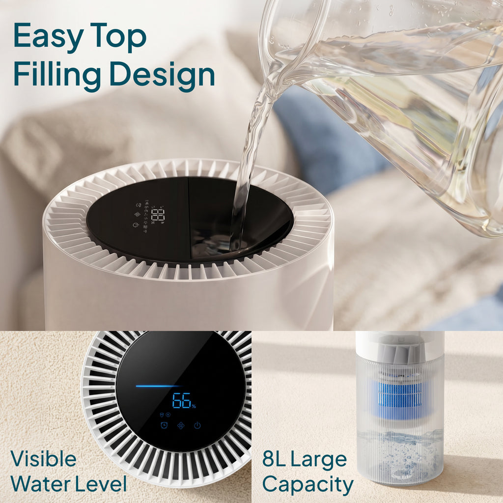 LIVATRO LVHD8001 top-fill opening, 8L capacity, and water-level view