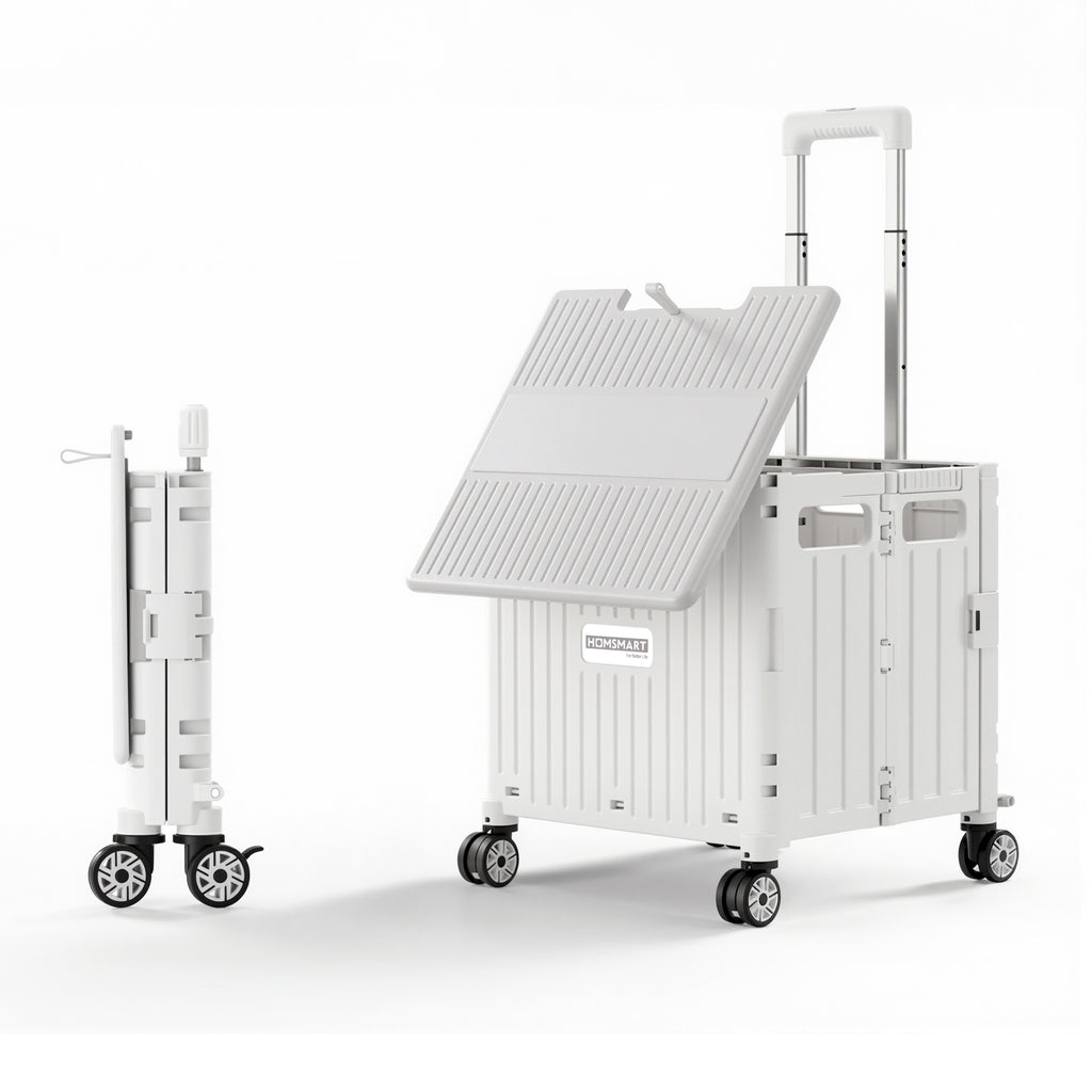 Viviendo 65L Foldable Shopping Trolley Cart - White / Swivel Wheels + Sliding Lid