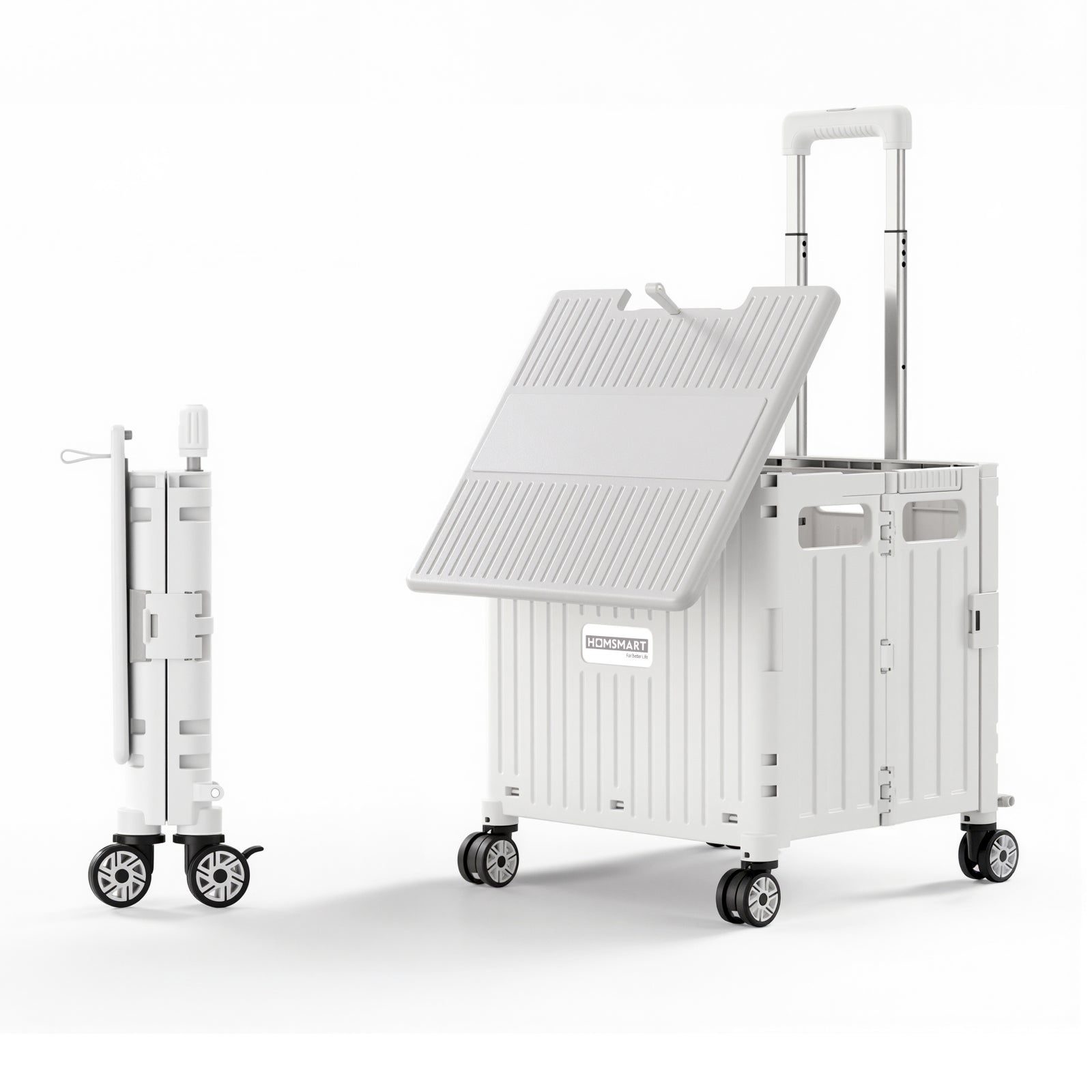 Viviendo 65L Foldable Shopping Trolley Cart - White / Swivel Wheels + Sliding Lid