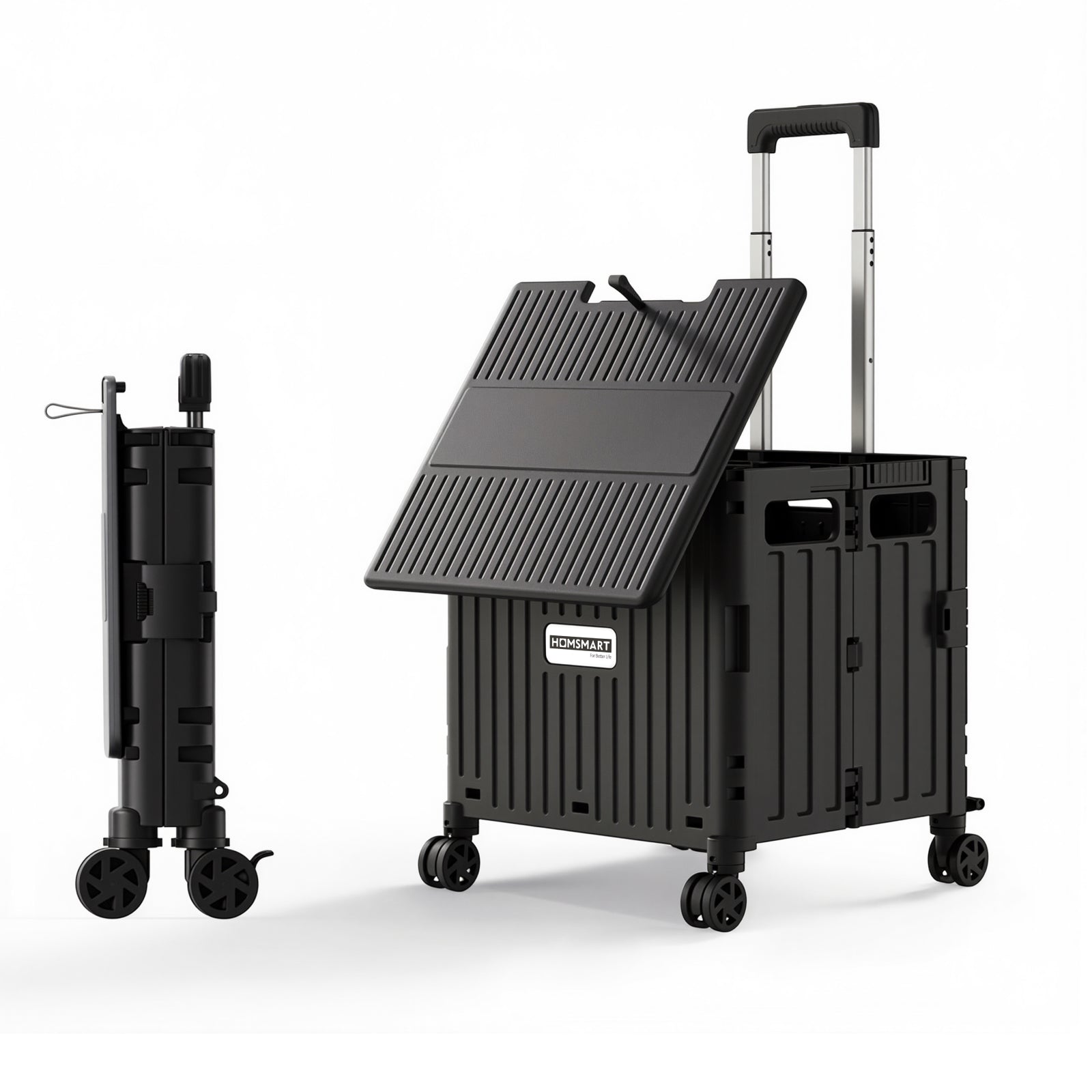 Viviendo 65L Foldable Shopping Trolley Cart - Black / Swivel Wheels + Sliding Lid