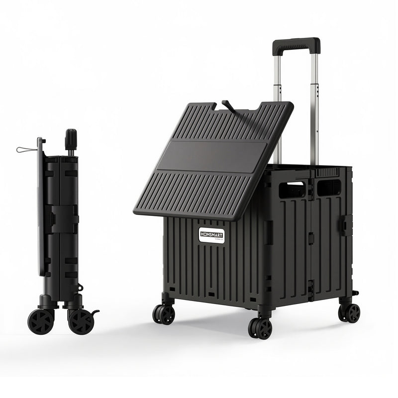 Viviendo 65L Foldable Shopping Trolley Cart - Black / Swivel Wheels + Sliding Lid