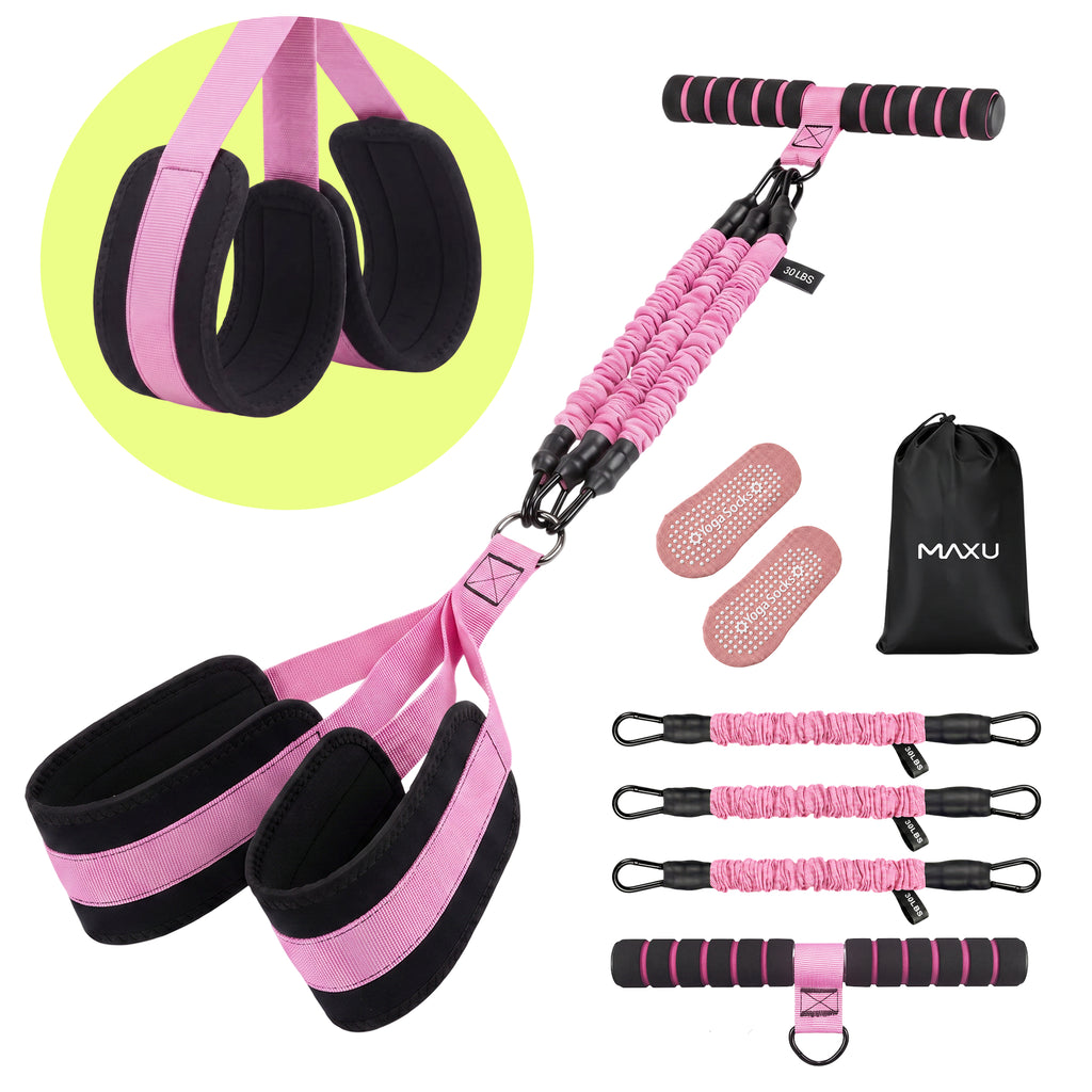 Pink MAXU resistance band kit with handle, foot straps, grip socks, and storage bag