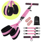 Pink MAXU resistance band kit with handle, foot straps, grip socks, and storage bag