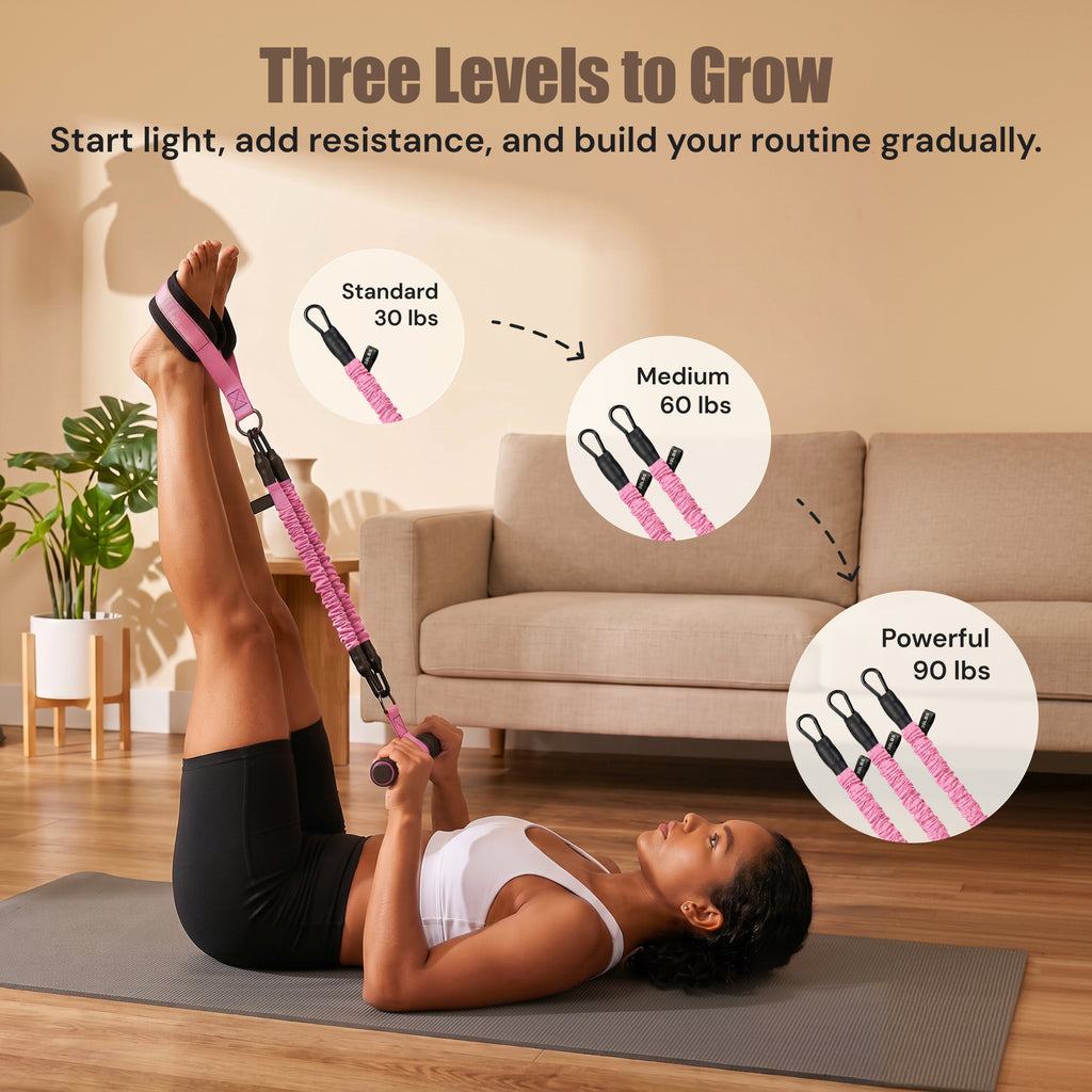 Pink MAXU resistance band kit with 30, 60, and 90 lb resistance levels