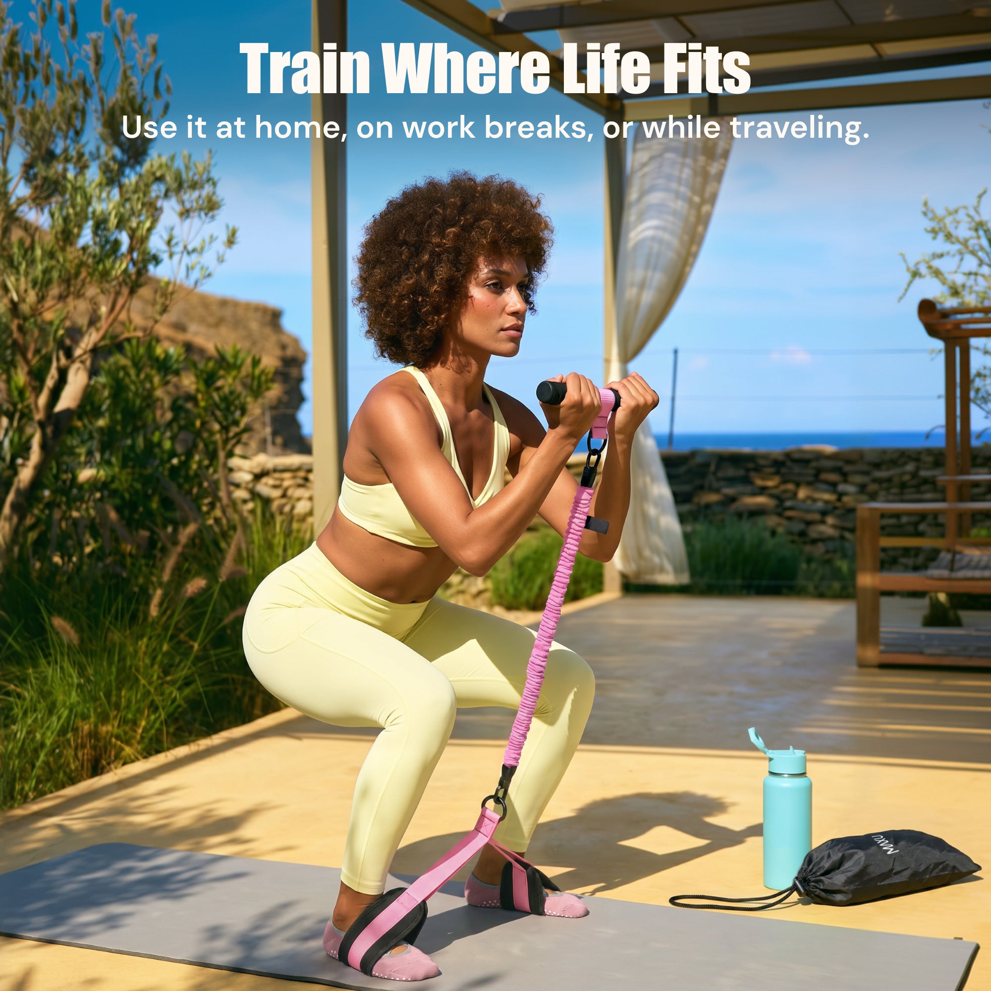 Pink MAXU resistance band kit used for an outdoor workout