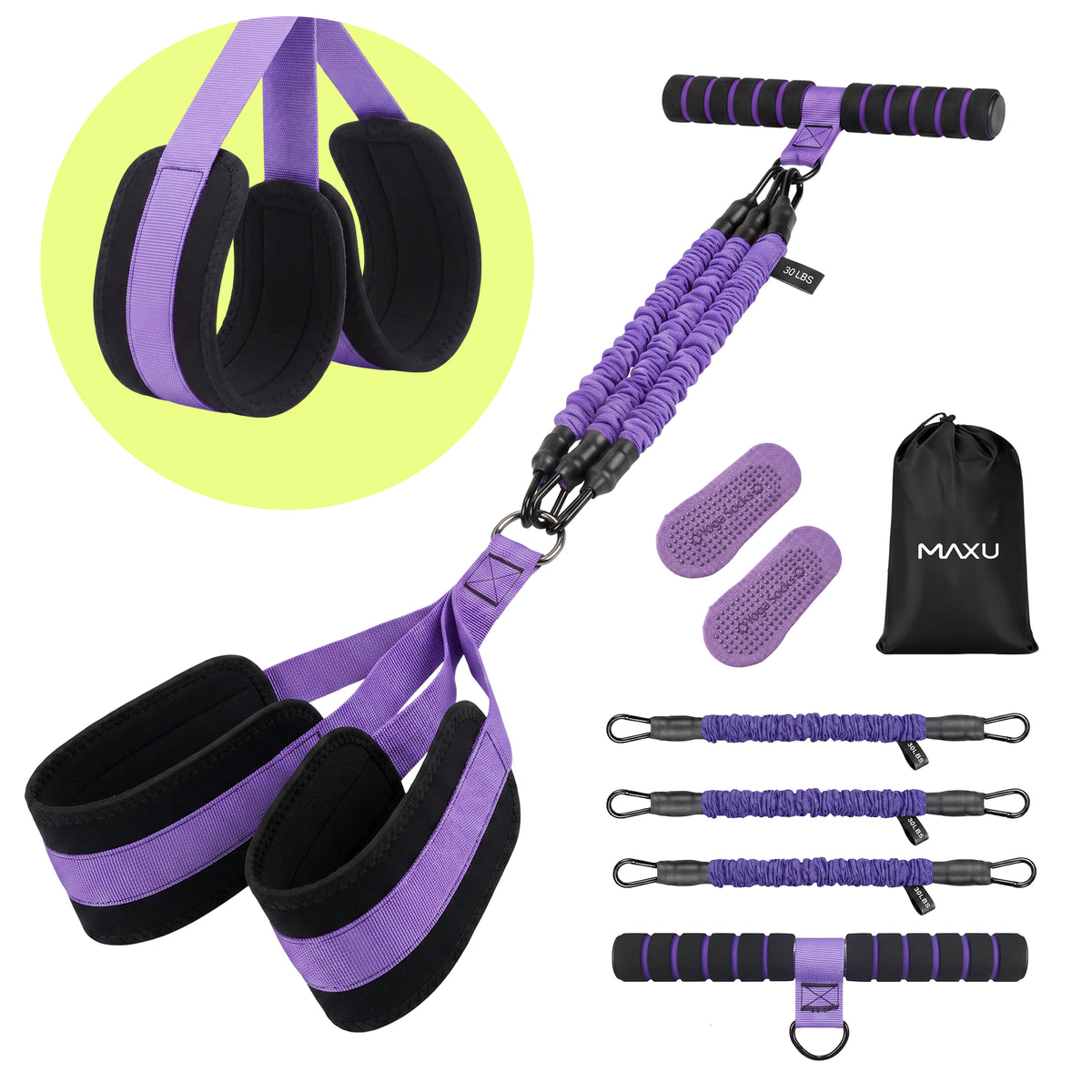 Purple MAXU resistance band kit with handle, foot straps, grip socks, and storage bag