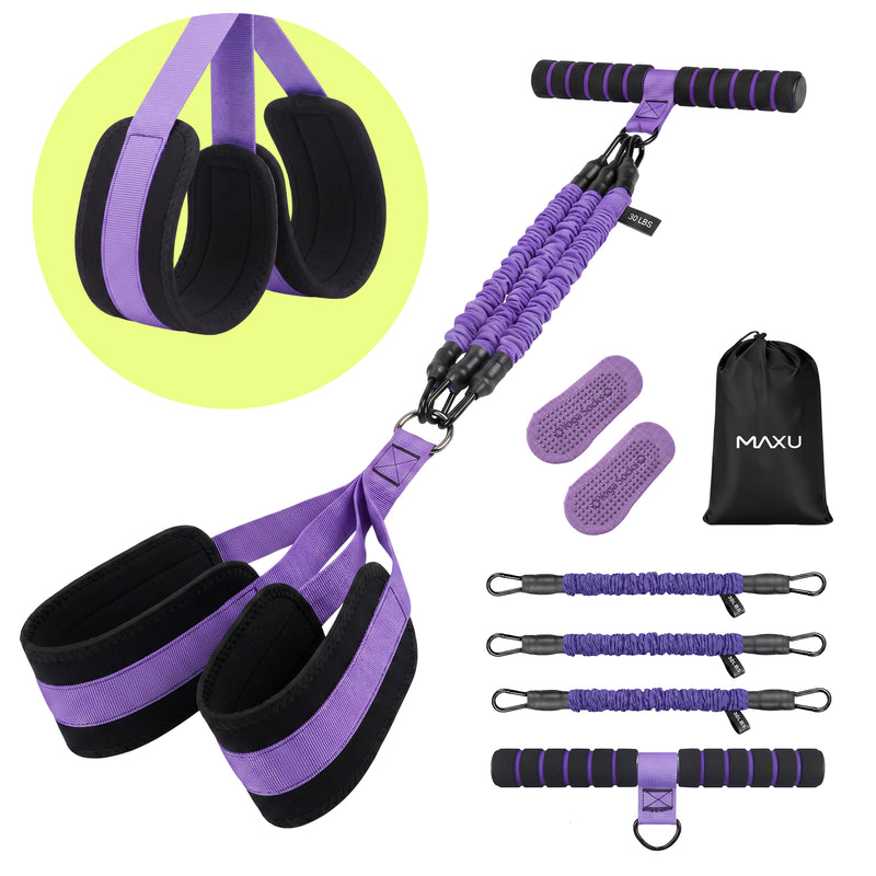 Purple MAXU resistance band kit with handle, foot straps, grip socks, and storage bag