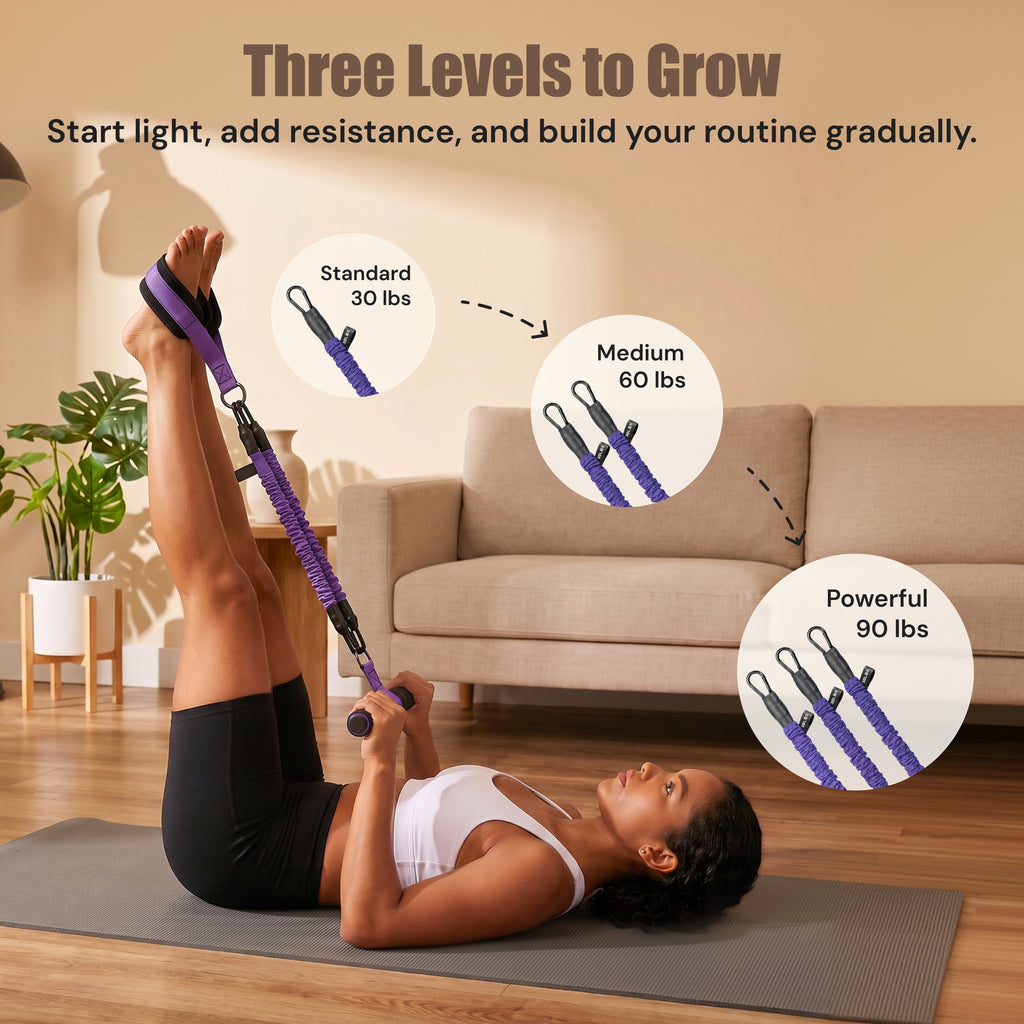 Purple MAXU resistance band kit with 30, 60, and 90 lb resistance levels