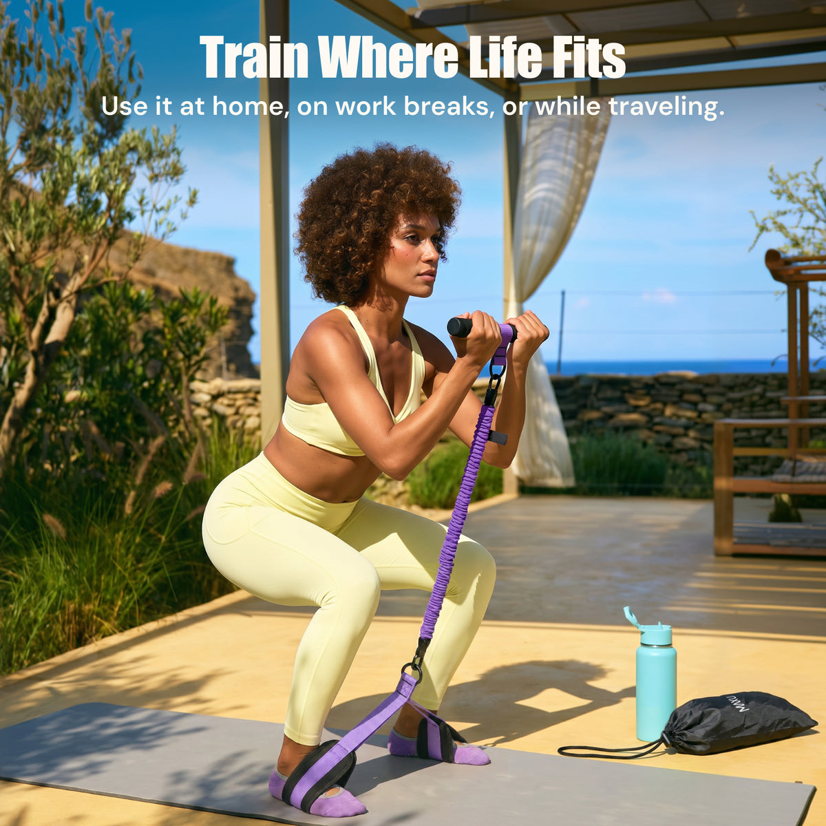 Purple MAXU resistance band kit used for an outdoor workout