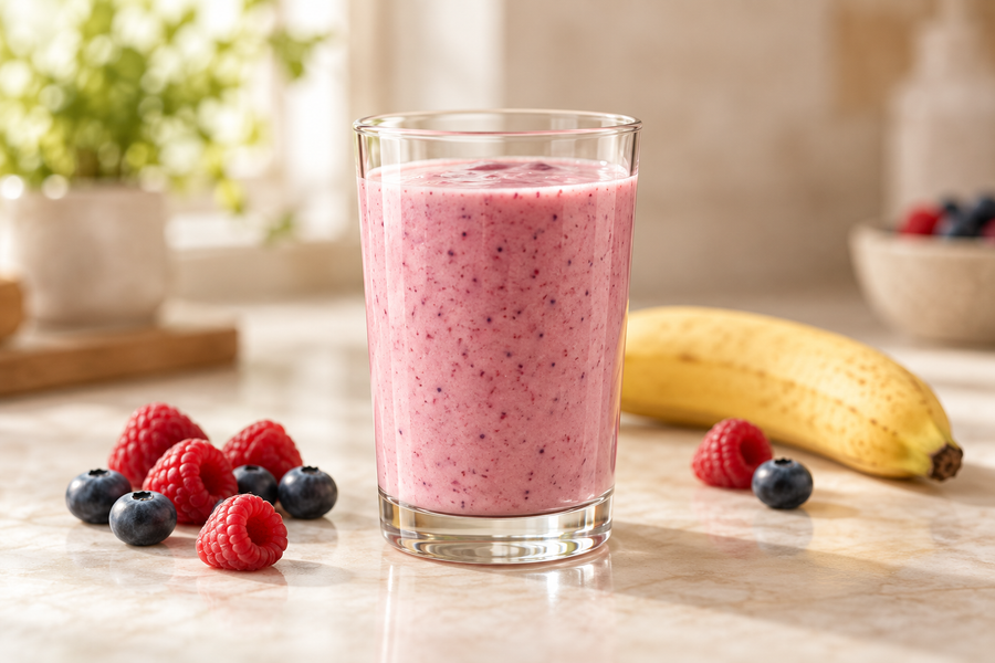 Serving suggestion: a pink smoothie with mixed berries and banana