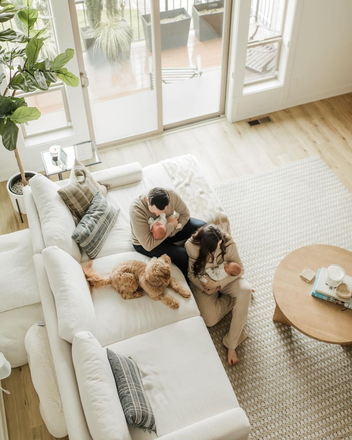 Bright family living room with neutral furnishings